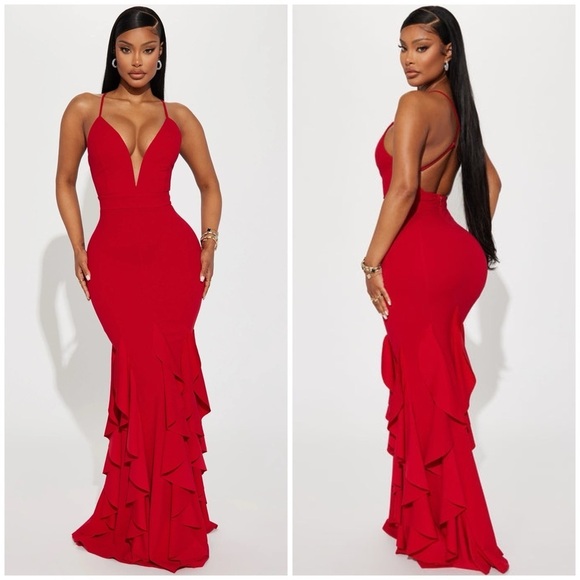 FASHION NOVA Looking At You Ruffle Maxi Dress In Red - Picture 1 of 7